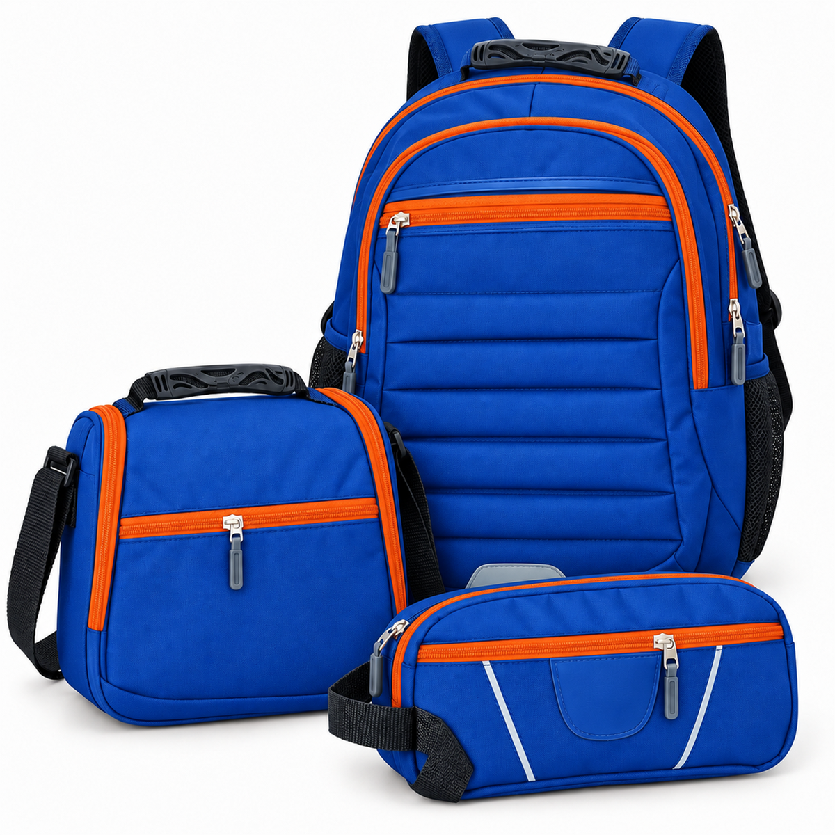 Morral tipo Totto 3 en 1 con lonchera y cartuchera — color azul-naranja [ca-cor:azul-naranja] [ca-quadro:01-principal]