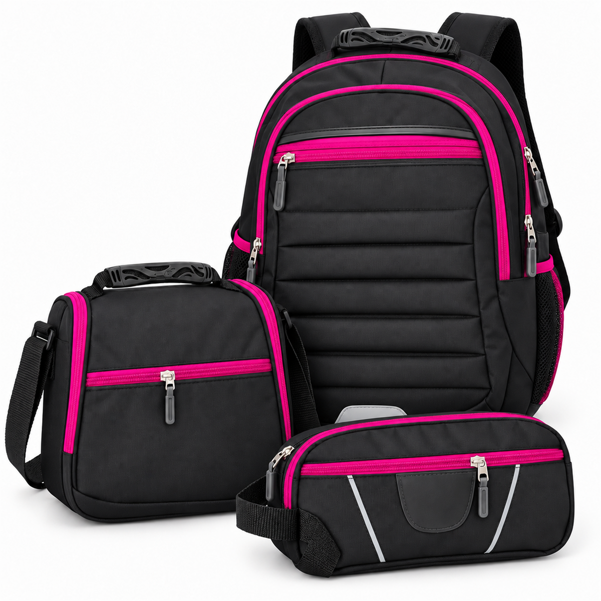 Morral tipo Totto 3 en 1 con lonchera y cartuchera — color negro-fucsia [ca-cor:negro-fucsia] [ca-quadro:01-principal]