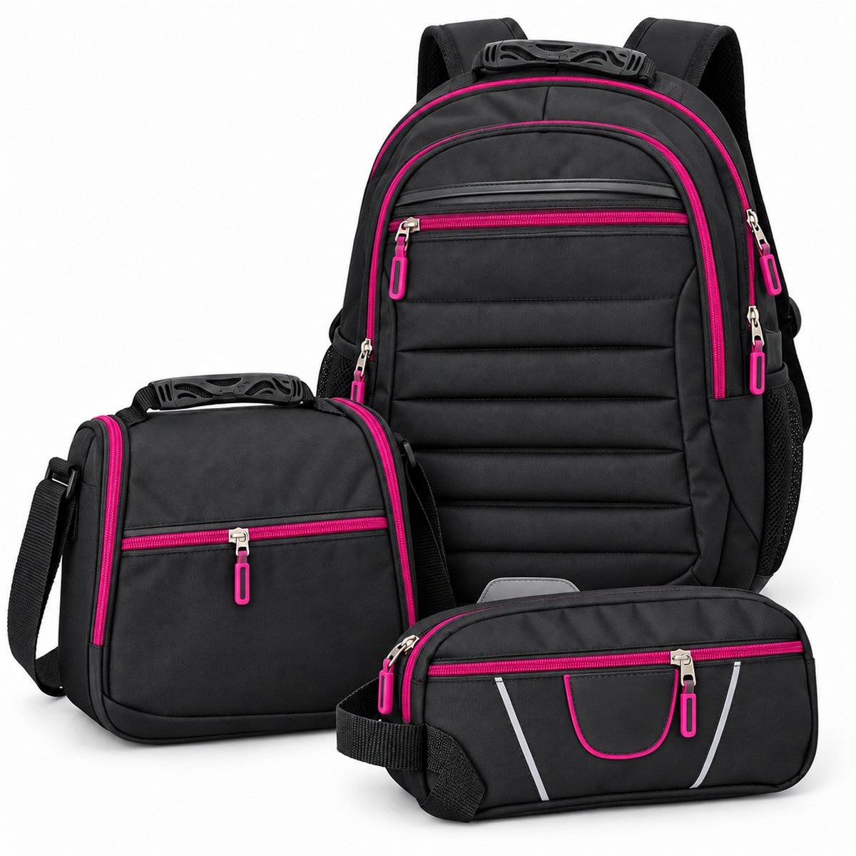 Morral tipo Totto 3 en 1 con lonchera y cartuchera — color negro-logo-fucsia [ca-cor:negro-logo-fucsia] [ca-quadro:01-principal]
