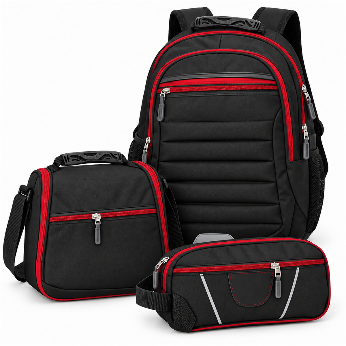 Morral tipo Totto 3 en 1 con lonchera y cartuchera — color negro-rojo [ca-cor:negro-rojo] [ca-quadro:01-principal]