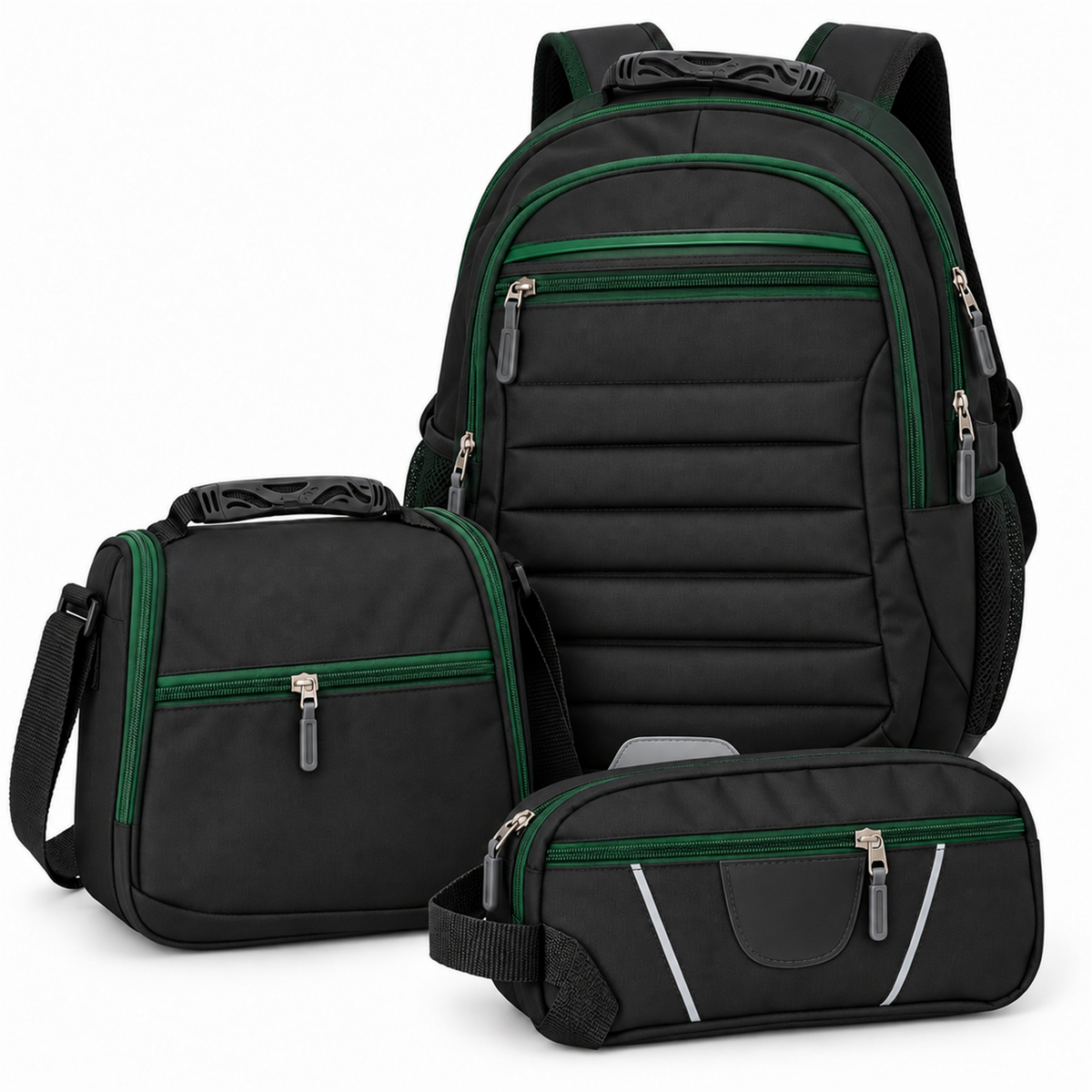 Morral tipo Totto 3 en 1 con lonchera y cartuchera — color negro-verde [ca-cor:negro-verde] [ca-quadro:01-principal]