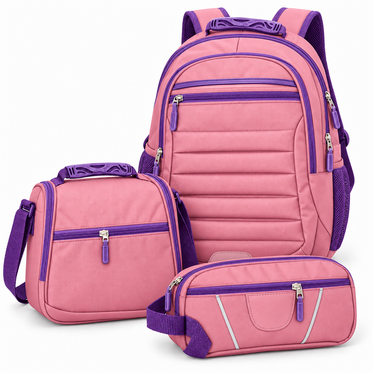 Morral tipo Totto 3 en 1 con lonchera y cartuchera — color rosado-morado [ca-cor:rosado-morado] [ca-quadro:01-principal]