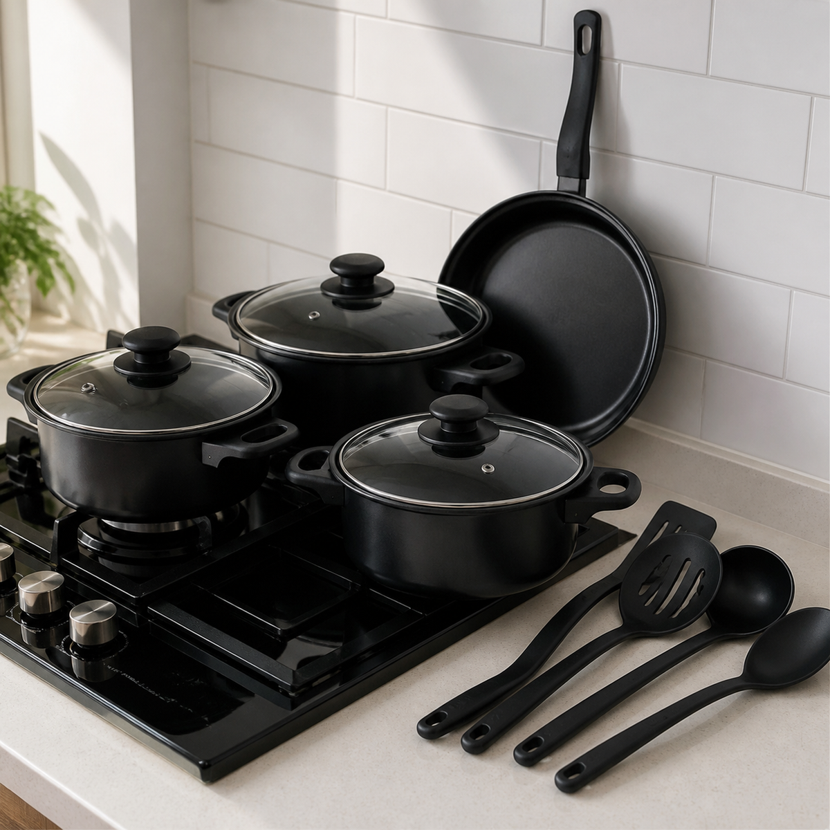 Batería de Cocina Antiadherente 13 Piezas — con tapas de vidrio