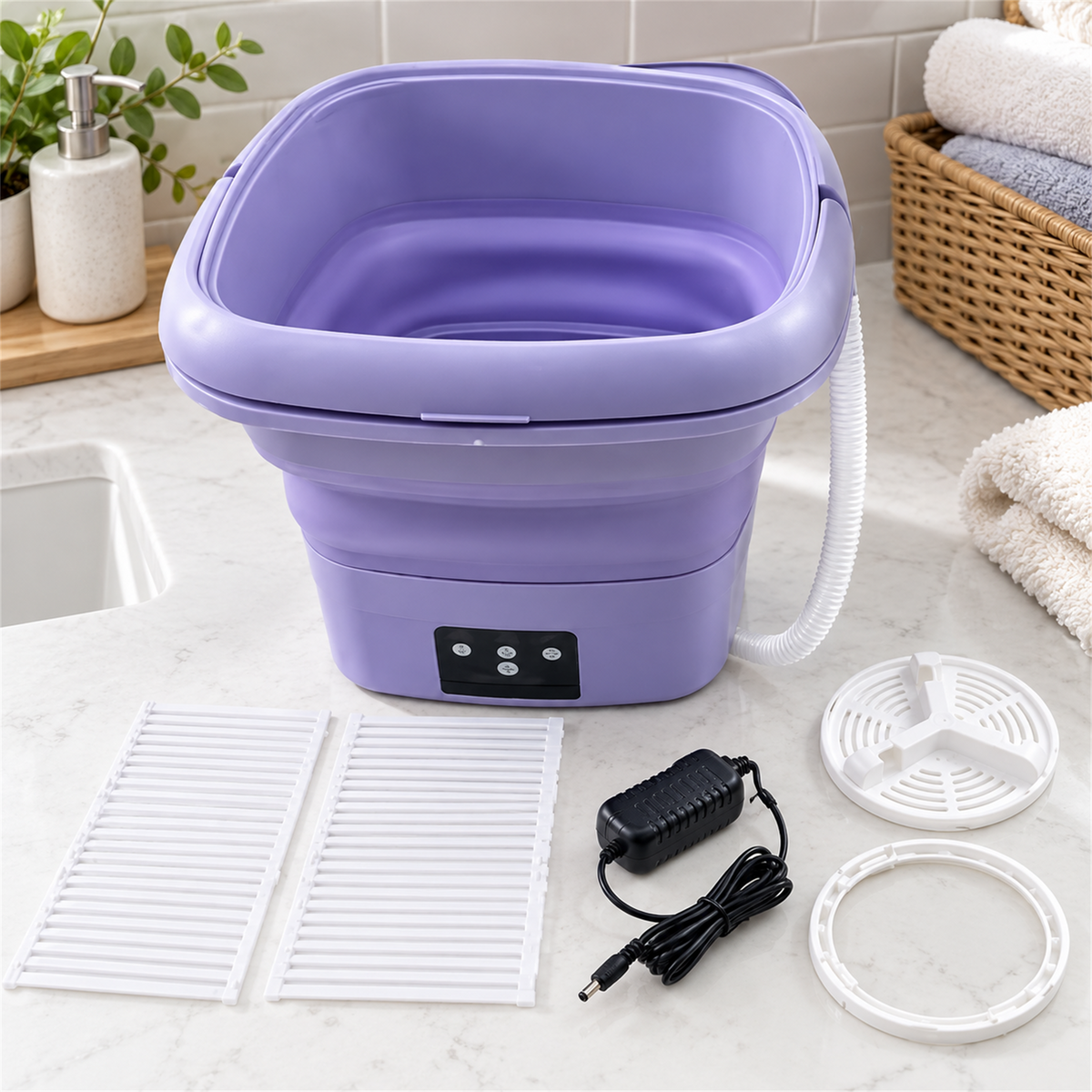 Lavadora Plegable Morada con Cable y Accesorios — imagen 2