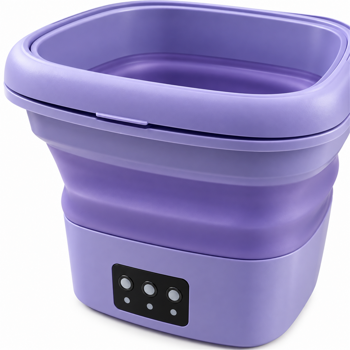 Lavadora plegable morada con cable y accesorios