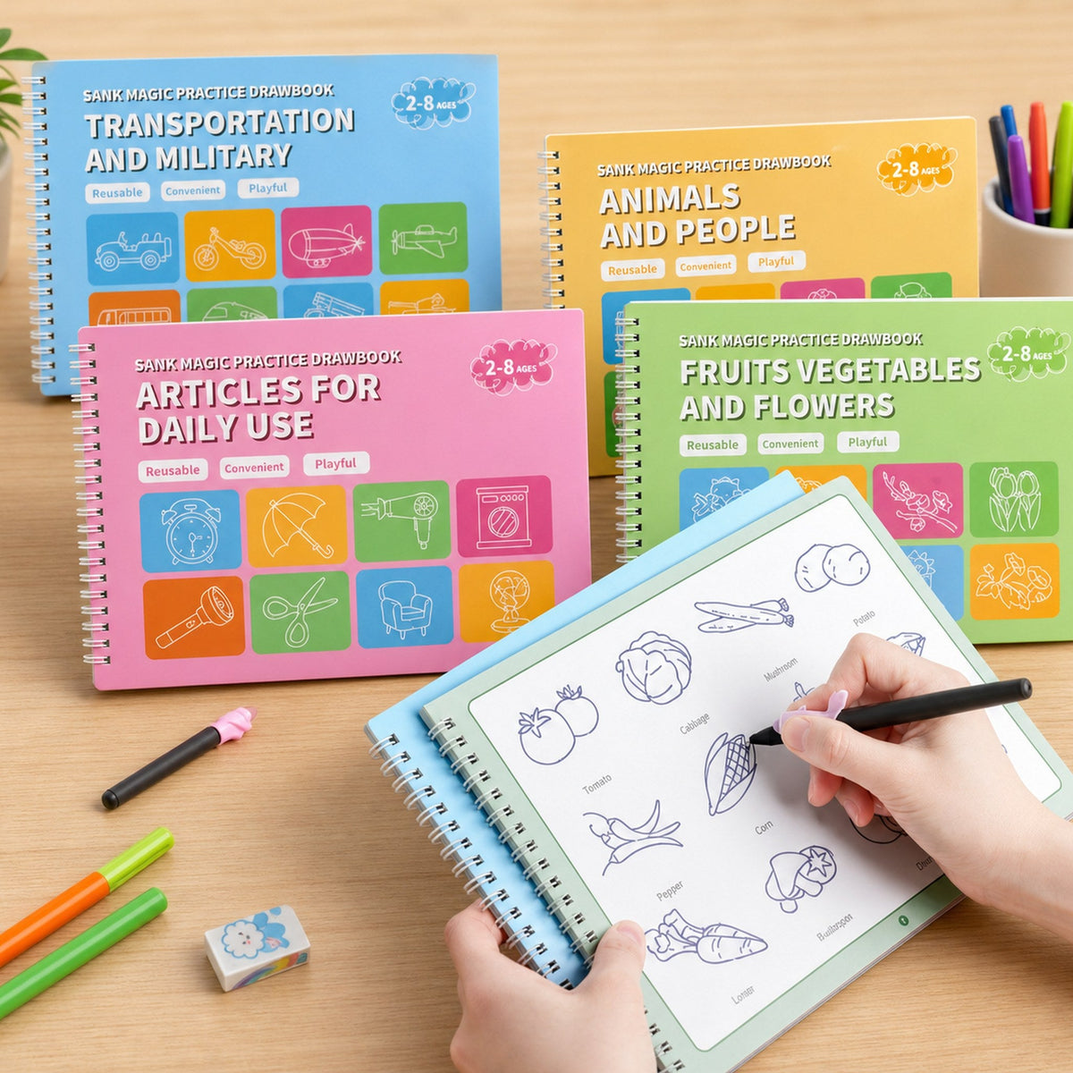 Combo Caligrafía + Dibujo — 4 cuadernos, 4 libros grandes y 2 bolígrafos