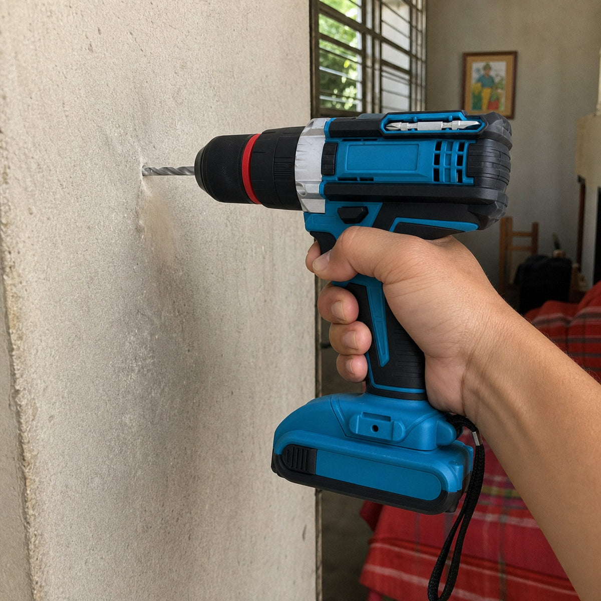 Taladro Percutor Inalámbrico 48V — 2 baterías 5.0Ah, 6 brocas y 9 copas — 02-contexto